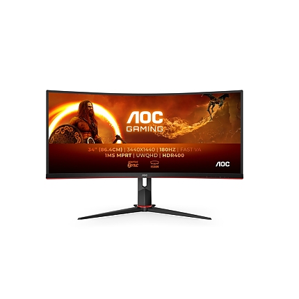 AOC CU34G2XP/BK, 34" Curved 1500R VA, WLED, 3440x1440@180Hz, 1ms GtG, 1ms MPRT, 430 cd/m2, 4000:1, 80M:1 DCR, Tilt, Height Adjust, Swivel, 2xHDMI, 2xDP, USB hub