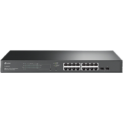 TP-Link SG2218P Omada 18-Port Gigabit Smart Switch with 16-Port PoE+, 16× Gigabit 802.3af/at PoE+ ports and 2× Gigabit SFP Slots, 150 W total PoE budget, Centralized cloud management via the web or the Omada app, Static Routing, VLAN, ACL, QoS, IGM