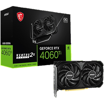 MSI Video Card Nvidia GeForce RTX 4060 Ti 8G VENTUS 2X BLACK E1 OC, 8GB GDDR6, 128bit, Boost: 2565 MHz, 4352 CUDA Cores, PCIe 4.0, 3x DP 1.4a, HDMI 2.1a, RAY TRACING, Dual Fan, 1x 8pin, 550W Recommended PSU, 3Y