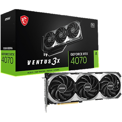 MSI Video Card Nvidia GeForce RTX 4070 VENTUS 3X E1 12G OC, 12GB GDDR6, 192bit, Boost: 2505 MHz, 5888 CUDA Cores, PCIe 4.0, 3x DP 1.4a, HDMI 2.1a, RAY TRACING, Triple Fan, 1x 8pin, 650W Recommended PSU, 3Y