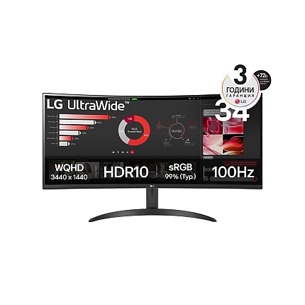 LG 34WR50QK-B, 34" UltraWide Curved, AG, VA, 5ms, 1ms MBR, 3000:1, 300 cd/m2, 21:9, WQHD 3440x1440, HDR 10, sRGB 99%, FreeSync, 100 Hz, HDMI, DisplayPort, Tilt, Reader Mode, PBP, Headphone Out, Black