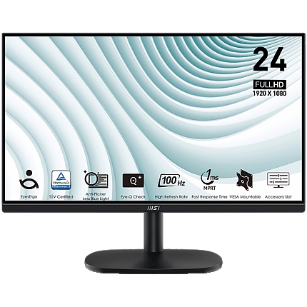 MSI PRO MP245V Professional Business Monitor, 23.8" 100Hz, FHD (1920x1080) 16:9, VA Anti-glare, 1ms/4ms, 300nits, 4000:1, 178°/178°, Adaptive-Sync, Adjustable Stand, 1x D-Sub(VGA), 1x HDMI, 3Y Warranty