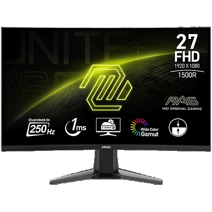 MSI MAG 27C6X Curved Gaming Monitor, 27" 250Hz, FHD (1920x1080) 16:9, VA Anti-glare, 1500R curve, 1ms, 250nits, 3000:1, 178°/178°, Adaptive-Sync, Adjustable Stand, 1x DP, 2x HDMI, 3Y Warranty