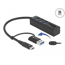 USB хъб Delock, 3.2 Gen 1, 3 x USB-A, SD и MicroSD четец на карти, USB-C, USB-A конектор, Черен