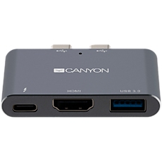 CANYON DS-1 Multiport Docking Station with 3 port, with Thunderbolt 3 Dual type C male port, 1*Thunderbolt 3 female+1*HDMI+1*USB3.0. Input 100-240V, Output USB-C PD100W&USB-A 5V/1A, Aluminium alloy, Space gray, 59*35.5*10mm, 0.028kg