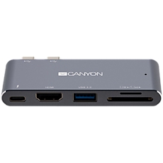 CANYON DS-5 Multiport Docking Station with 5 port, with Thunderbolt 3 Dual type C male port, 1*Thunderbolt 3 female+1*HDMI+1*USB3.0+1*SD+1*TF. Input 100-240V, Output USB-C PD100W&USB-A 5V/1A, Aluminium alloy, Space gray, 90*41*11mm, 0.04kg