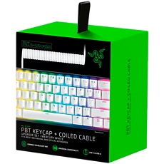 Razer PBT Keycap + Coiled Cable Upgrade Set - Mercury White, Durable Doubleshot PBT, Keycap Count: 120, Standard bottom row US and UK layout supported, Braided Fiber Cable, USB-C to USB-A, Total Cable Length: 2,000 mm uncoiled (1,150 mm coiled)