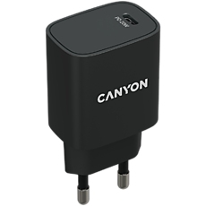 Canyon, PD 20W Input: 100V-240V, Output: 1 port charge: USB-C:PD 20W (5V3A/9V2.22A/12V1.67A) , Eu plug, Over- Voltage ,  over-heated, over-current and short circuit protection Compliant with CE RoHs,ERP. Size: 80*42.3*30mm, 55g, Black