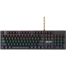 Wired black Mechanical keyboard With colorful lighting system104PCS rainbow backlight LED,also can custmized backlight,1.8M braided cable length,rubber feet,English layout double injection,Numbers 104 keys,keycaps,0.7kg, Size 429*124*35mm