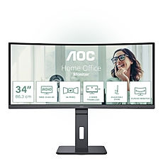 AOC CU34P3CV, 34" VA WLED, Curved 1500R, 3440x1440@100Hz, 4ms GtG, 1ms MPRT, 300cd m/2, DCR 3000:1, 50M:1, AdaptiveSync, FlickerFree, Low Blue Light, 5Wx2, Tilt, Height Adjust, Swivel, HDMI, DP, USB hub