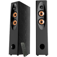 F&D T-60X PRO 2.0 Floorstanding Speakers, 120W RMS ( 60Wx2), 1'' Tweeter + 4'' Speakers x2 + 8'' Subwoofer for each channel, BT 5.3/Optical/COAXIAL/AUX/USB/FM/Karaoke function/LED Display/Remote control/Microphone/Wooden, Touch buttons, Black