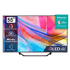 Hisense 55" A7KQ, 4K Ultra HD 3840x2160, QLED, FALD, Quantum Dot, HDR 10+, HLG, Dolby Vision, Dolby Atmos, Smart TV, WiFi 5GHz, WiFi Direct, BT, Anyview Cast, 3xHDMI, 2xUSB, LAN, CI+, DVB-T2/C/S2, Dark Grey