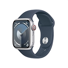 Apple Watch Series 9 GPS + Cellular 41mm Silver Stainless Steel Case with Storm Blue Sport Band - S/M