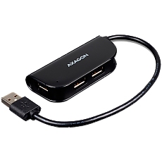 Handy four-port USB 2.0 hub with a permanently connected USB cable. Black.